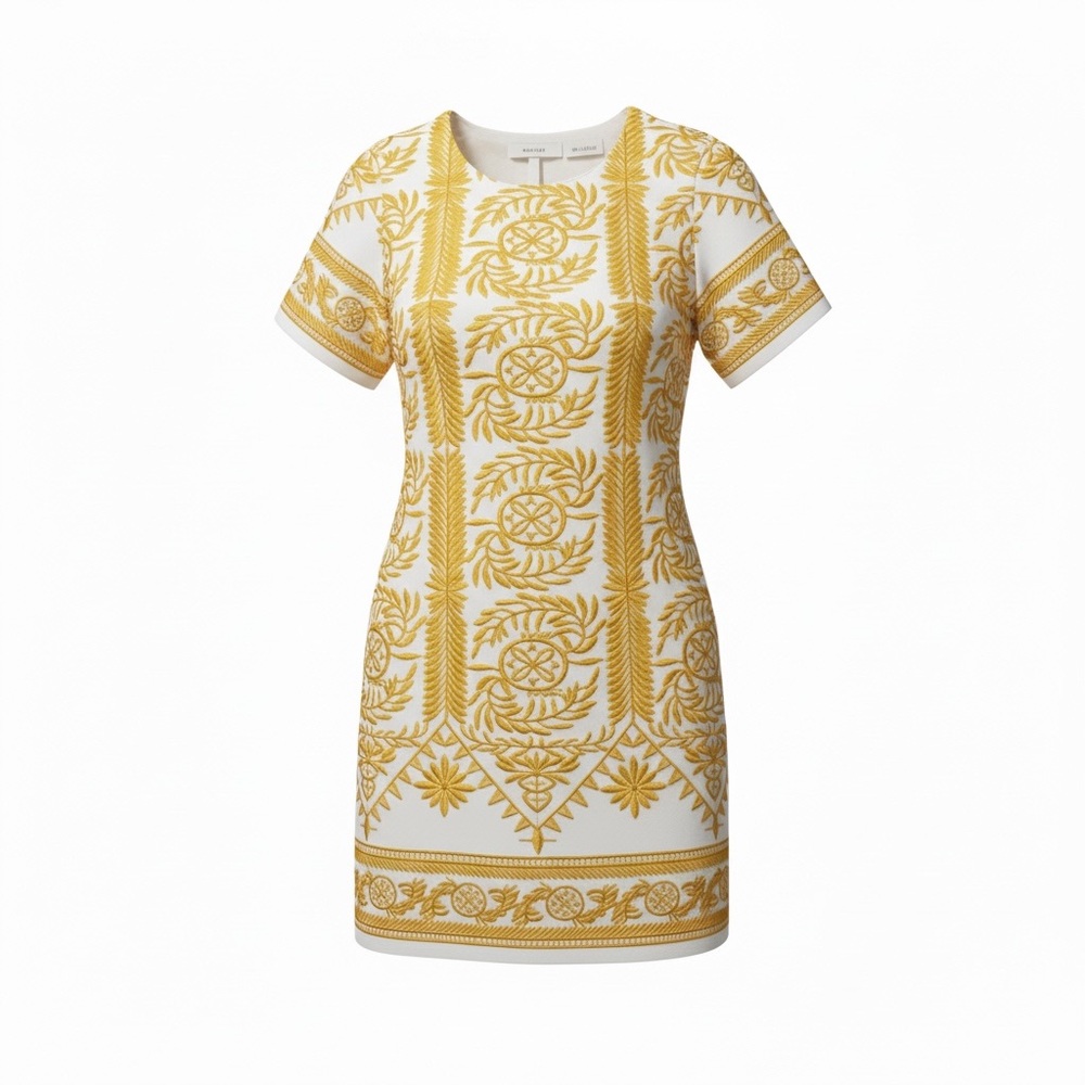 All:Row White and Yellow Embroidered Mini Dress | Boho Shift Dress Size L - Picture 2 of 13